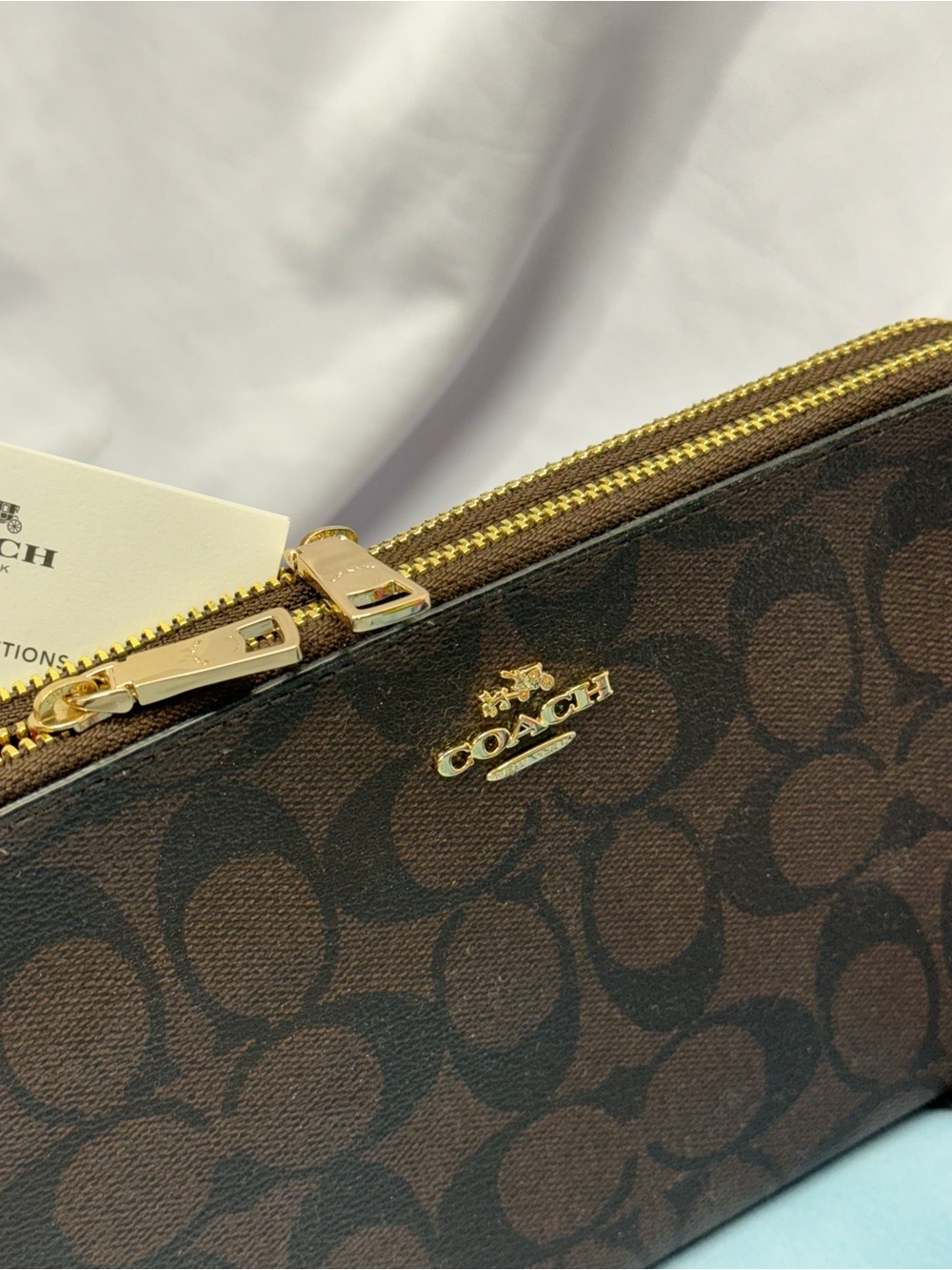 (new+tag) Coach Double-Zip Wristlet Brown Signature Monogram - Pink Wrist Strap - Picture 5 of 12